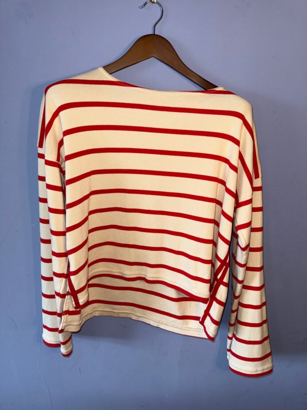 La Ligne Breton Long Sleeve Tee Ecru Red Stripe Cotton Round Neck Top L
